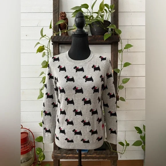 Charter Club: Gray Knit Crew Neck Sweatshirt Western Terrier Dogs with Red Bows - Picture 8 of 17